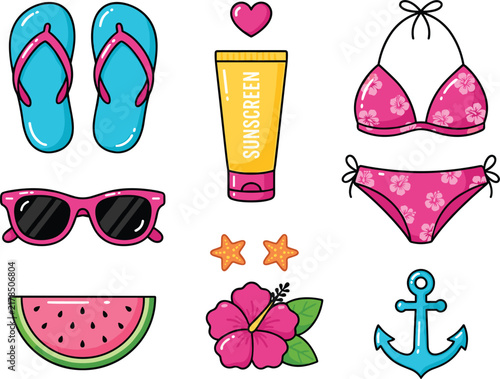 Summer Beach Essentials Vector Set Featuring Floral Two Piece Bikini Blue Flip Flops Sunscreen Tube Pink Sunglasses Watermelon Slice Hibiscus Flower Anchor and Starfish for Vacation Graphic Designs