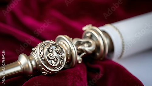 An ornate ceremonial staff with silver scrollwork finial on red velvet fabric.