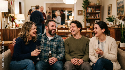 Friends laughing and enjoying drinks at a casual home gathering