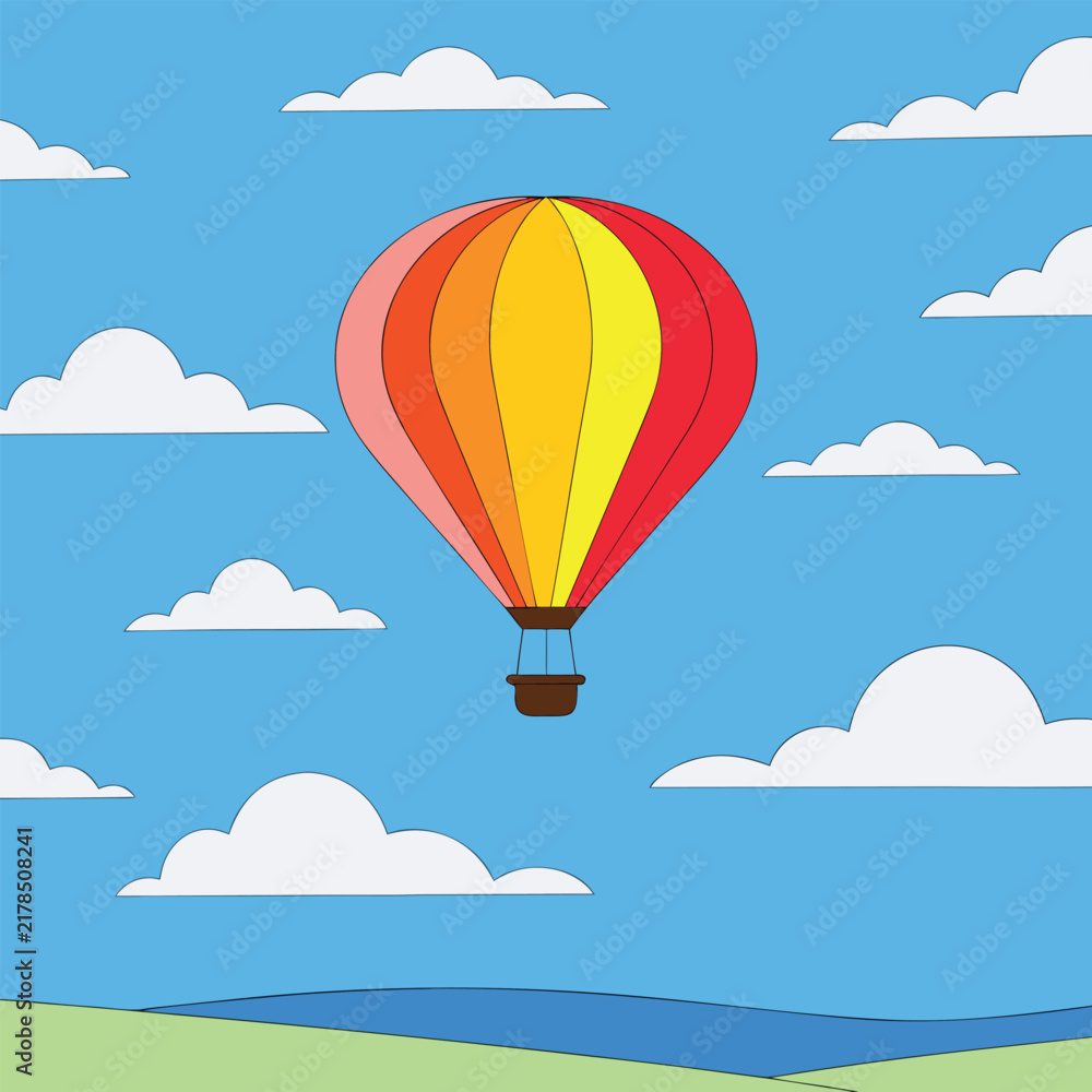 Fototapeta premium Colorful hot air balloon flying in a blue sky with white clouds vector illustration.