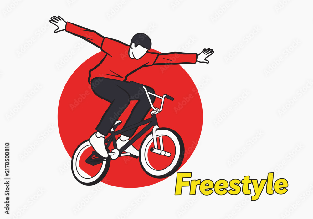 Obraz premium Dynamic BMX rider in mid-air stunt with red circle and 'Freestyle' text, perfect for sports advertising, extreme sports content and dynamic graphic design.
