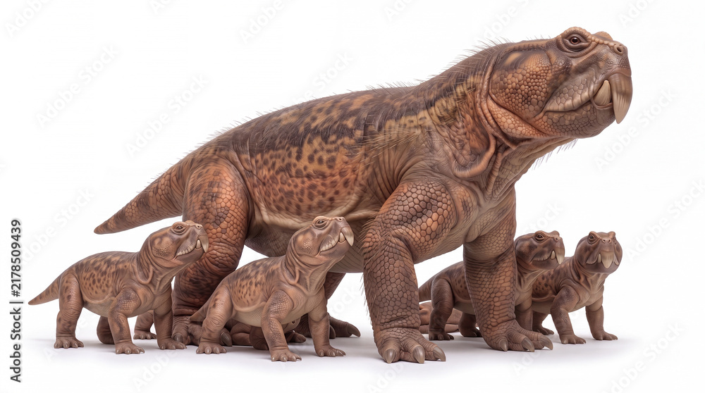 Obraz premium Photorealistic Teyumbaita sulcognathus adult with hatchlings, isolated on white background, showing parental behavior and scientifically accurate paleontological reconstruction.