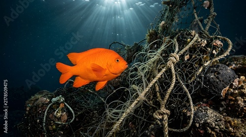 A vibrant orange garibaldi fish swimming near a dark rocky reef in the deep blue ocean