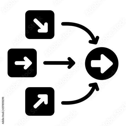 Monochrome icon of multiple square arrows converging along curved and straight paths into a single circular right-pointing arrow, representing routing, consolidation and flow