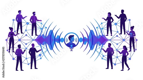 Voice Speaker Broadcasting Sound Waves to Connected Business Audience