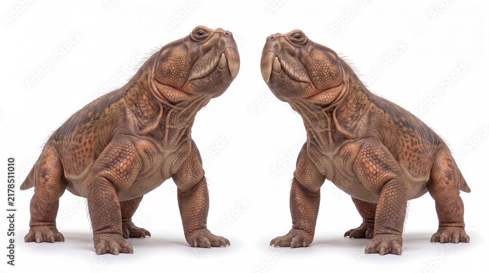 Fototapeta premium Photorealistic pair of Teyumbaita sulcognathus interacting, isolated on white background, showing social behavior and scientifically accurate paleontological reconstruction.