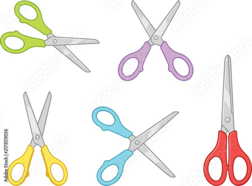 Colorful School and Craft Scissors Vector Set Featuring Open and Closed Shears in Green Purple Yellow Blue and Red Handles for Crafting and Back to School Graphic Designs