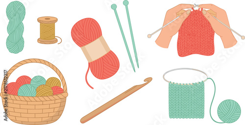Obraz na płótnie Knitting and crochet vector element set featuring colorful yarn skeins basket ne
