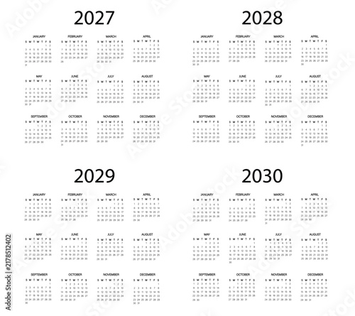 2027, 2028, 2029, 2030 simple yearly calendar templates with weak Sunday start | Editable vector calendar grids for desk planners, scheduling, and organization