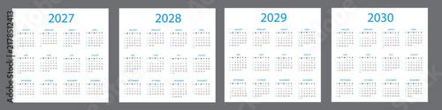 2027, 2028, 2029, 2030 yearly calendar grids with Sunday start | Blue and black text vector planner templates for printable schedules and office organization