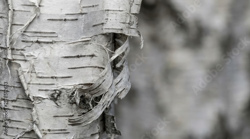 Textured white birch tree bark peels from the trunk revealing detailed organic patterns and horizontal markings