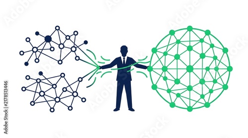 Businessman Silhouette Bridging Small Networks to Global Sphere Network