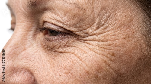 Close up of elderly woman's eye displaying deep wrinkles, crow's feet and mature skin texture.