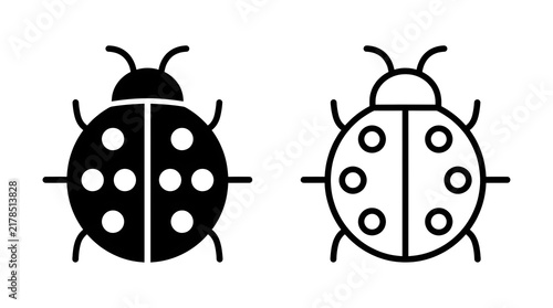 Two simple black ladybug icons showing a solid silhouette design and a thin outline style for nature and insect themes