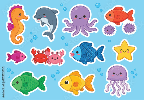 Cute Kawaii Ocean Animals Sticker Vector Set Featuring Seahorse Dolphin Purple Octopus Colorful Fish Crabs Sea Urchins Yellow Starfish and Jellyfish for Marine Graphic Designs