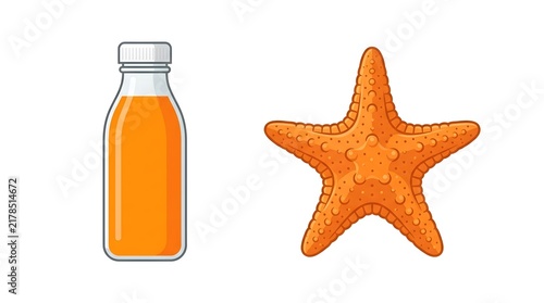 A small glass bottle filled with fresh orange juice next to a detailed orange starfish isolated on a simple surface