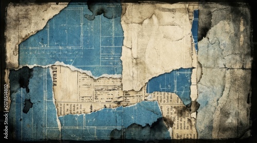 Weathered torn paper layers reveal vintage blue architectural blueprints with grunge textures and burnt edges