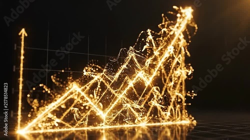 Glowing golden particle graph lines rising upward on dark background showing positive growth trend statistics with video glowing development technology particles animation