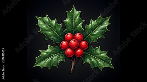 Shiny green holly leaves with bright red berries for christmas holiday decoration isolated on a dark black background