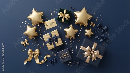 Abstract golden stars and gift boxes scattered on a dark blue background