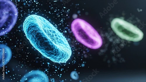 Glowing colorful microscopic cells floating in dark liquid environment with tiny particles with video group glowing blue purple green microscopic cells drifting with filled small floating