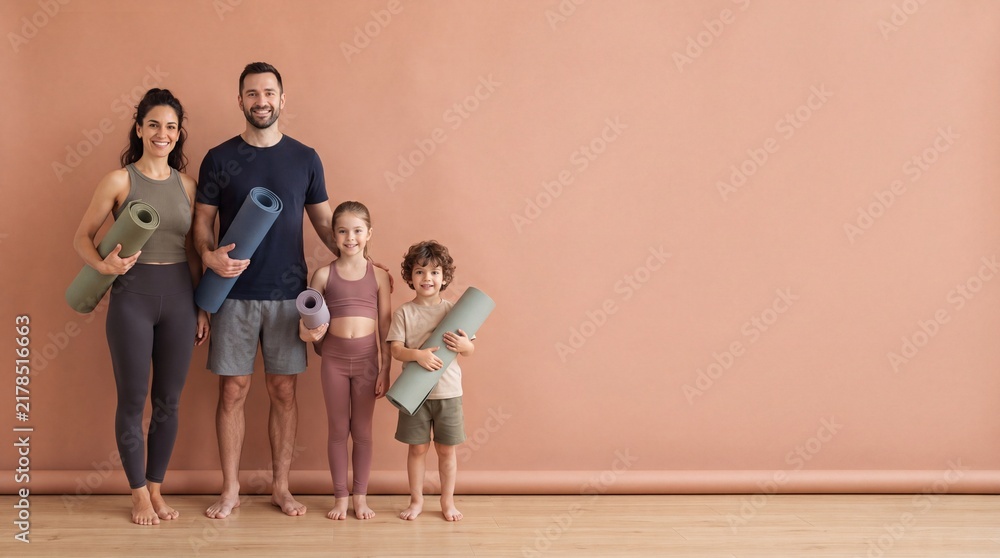 Obraz premium A fit family of four standing in a row holding yoga mats, wearing activewear, posing ad social media download thambnail poster web template event festival 2026 2027 2028