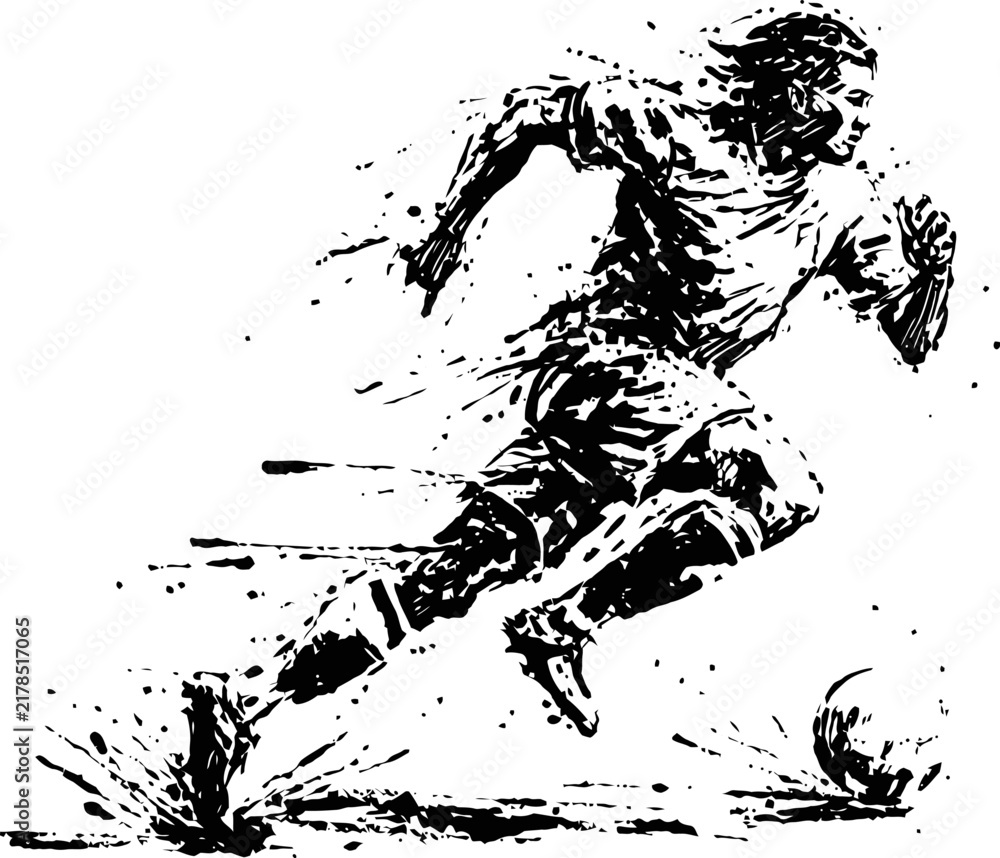 Obraz premium Dynamic soccer player sprinting with ball abstract black ink splash design, motion, speed, athletic energy concept