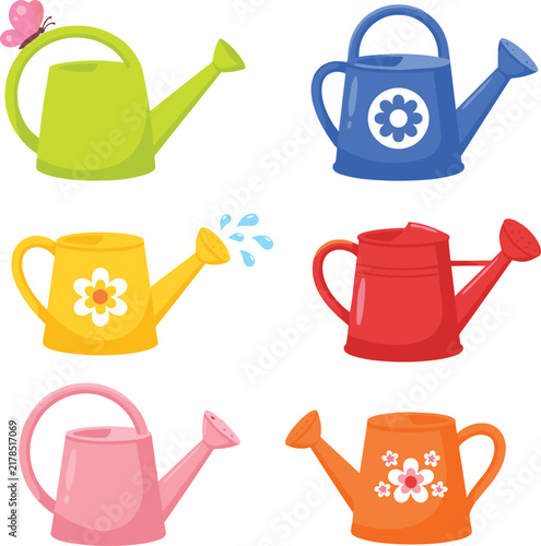 Colorful Watering Cans Vector Set Featuring Green Blue Yellow Red Pink and Orange Watering Pots with Flower Prints Butterfly and Water Drops for Garden Graphic Designs