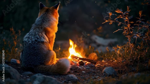夜の焚火のそばで炎に照らされるキツネ