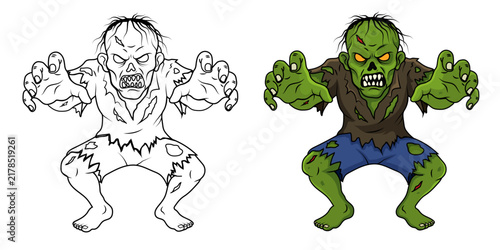 cartoon zombie monster coming forward with outstretched arms scary manner.simple vector illustration design isolated on the white background.use for design halloween banners,posters.