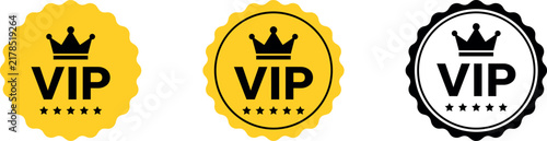Fotografía Set of three luxury vip badge icons with crown designs in yellow and black color