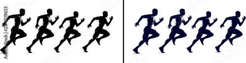 Foto Five black silhouettes of running people on the left and five blue silhouettes of running people on the right, both sets facing right, on a white background