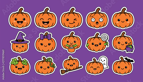 Set of cute kawaii pumpkin characters for halloween stickers collection
