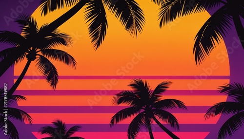 sunset, silhouette, retro background, summer vibe, neon sun, vaporwave horizon, paradise poster art, ocean sunset aesthetic, palm leaves