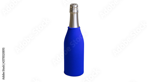 Canvastavla Blue neoprene bottle cooler sleeve on champagne bottle, isolated on transparent