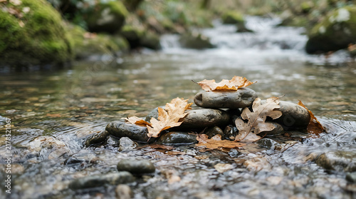 Stacked river stones adorned with fallen autumn leaves in a flowing clear forest stream river rocks flowing water zen balance peaceful water rock cairn