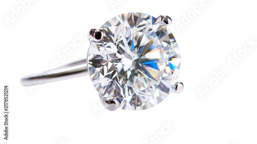 Fotografie Sparkling round brilliant cut diamond engagement ring, isolated on transparent b