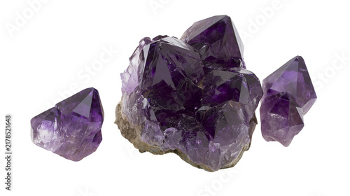 Obraz na plátně Deep purple amethyst crystal cluster with rough base, isolated on transparent ba