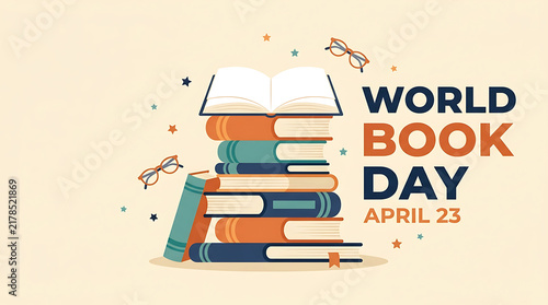 World book day celebration poster with stack of colorful books and open book on top