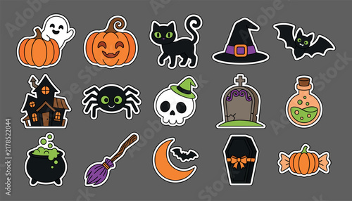 Set of cute colorful halloween stickers with spooky holiday characters