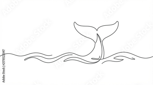  Whale tail fin breaching ocean waves one line art vector illustration for marine wildlife conservation concept
