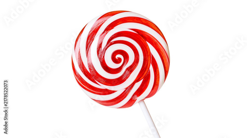 Red and white swirled lollipop candy, isolated on transparent background