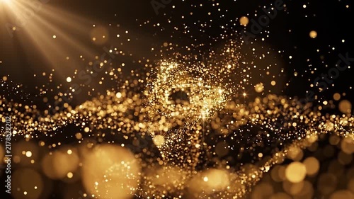 Abstract golden particles floating and glowing against a dark background with light rays shining with beams shining corner video field glowing swirling dark space celebration