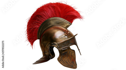 Fotografía Ancient Roman bronze helmet with red plume, isolated on transparent background