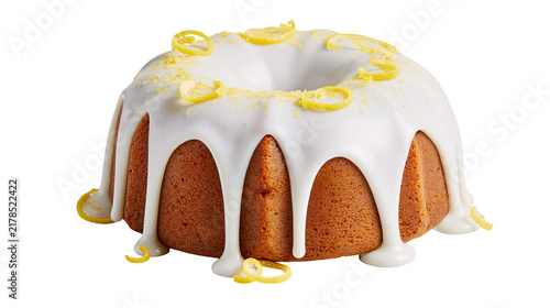 Canvastavla Golden bundt cake with white icing and lemon zest, isolated on transparent backg