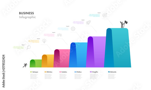 Infographic 6 parts progress timeline 3d isometry for strategy, flowchart, data visualization, marketing, business project, milestone, development process