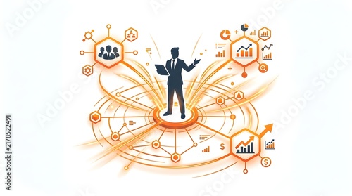 Business Manager Silhouette Connected to Analytics Team and Growth Icons
