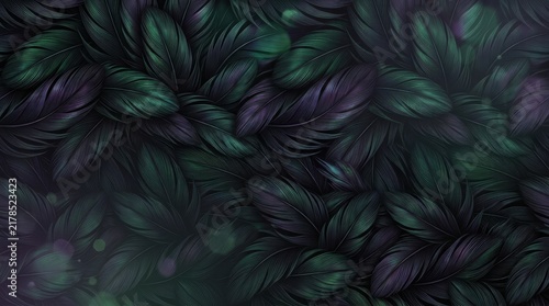 Intricately detailed feathers in iridescent emerald green and deep purple create a lush textured pattern with soft bokeh
