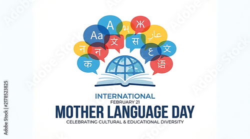 International mother language day concept with speech bubbles globe and open book