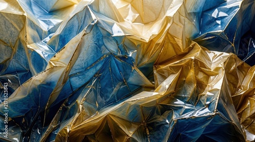 Luminous blue and gold crumpled metallic foil creates a dynamic geometric texture with reflective highlights